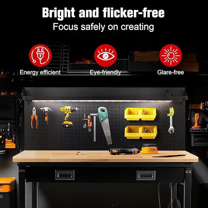 60" Workbench with Drawers, Work Benches for Garage with Strip Light, Adjustable Work Table with Large Pegboard, 2000 LBS Heavy Duty Table with Power Outlet Rubber Wood for Garage, Office by GreenHaven Gardens