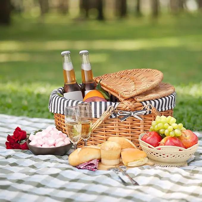Happypicnic Wicker Picnic Basket with Handle, 15" Large Empty Picnic Basket with Lid & Removable Liner, Vintage Hand Woven Basket for Picnics, Camping, Veg Picking, Mother'S Day, Thanksgiving (Stripe) by GreenHaven Gardens