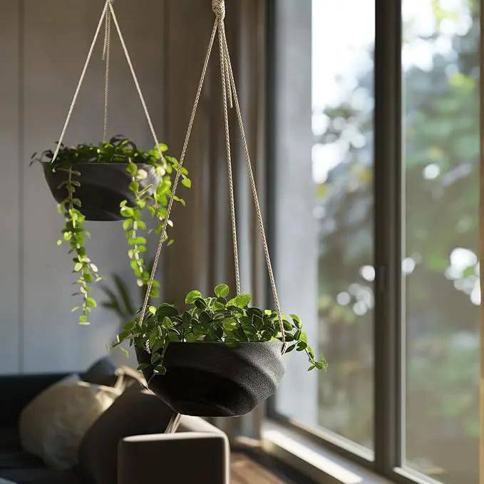 La Jolie Maison 10 Inch Hanging Planters for Indoor Plants, Outdoor Garden Planter Pots with Self-Watering Tray, Jet Black, Spiral Pattern, Set of 2 by GreenHaven Gardens