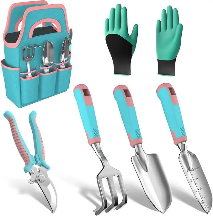6 Pcs Garden Tool Set, Gardening Hand Tools Aluminum Alloy Starter Kit with Garden Bag, Heavy Duty Outdoor Tool Set with Ergonomic Handle, Gardening Gifts (No Flower Pattern) by GreenHaven Gardens