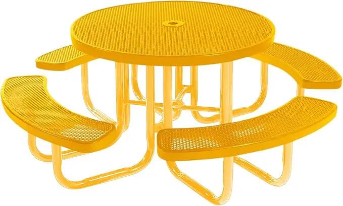 Heavy-Duty Portable Outdoor Picnic Table with Umbrella Hole, Punched Steel Commercial-Grade Patio Furniture Made in America (46" Round Top, Yellow with Yellow Frames) by GreenHaven Gardens