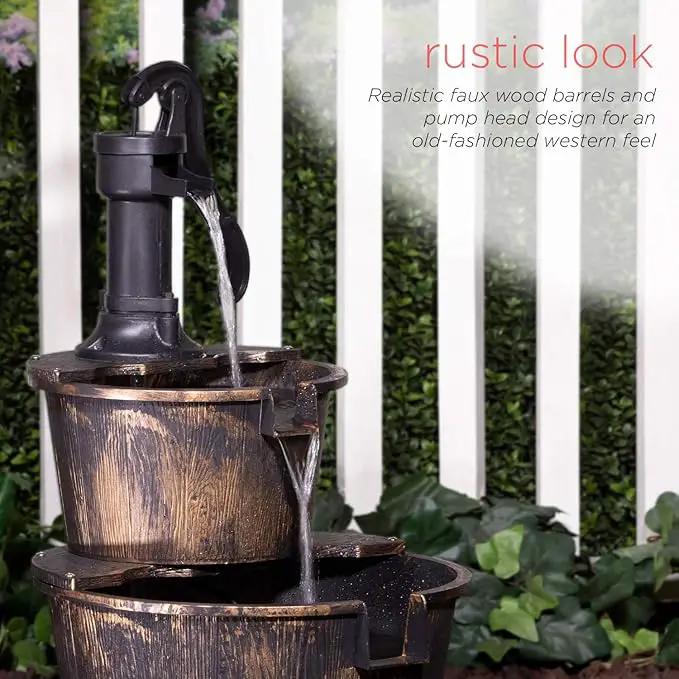 Alpine Corporation - Outdoor Rustic 2-Tiered Barrel and Pump Water Fountain – Bronze Finish, Relaxing Water Flow, Ideal for Garden, Patio, & Yard Décor, 27"H by GreenHaven Gardens