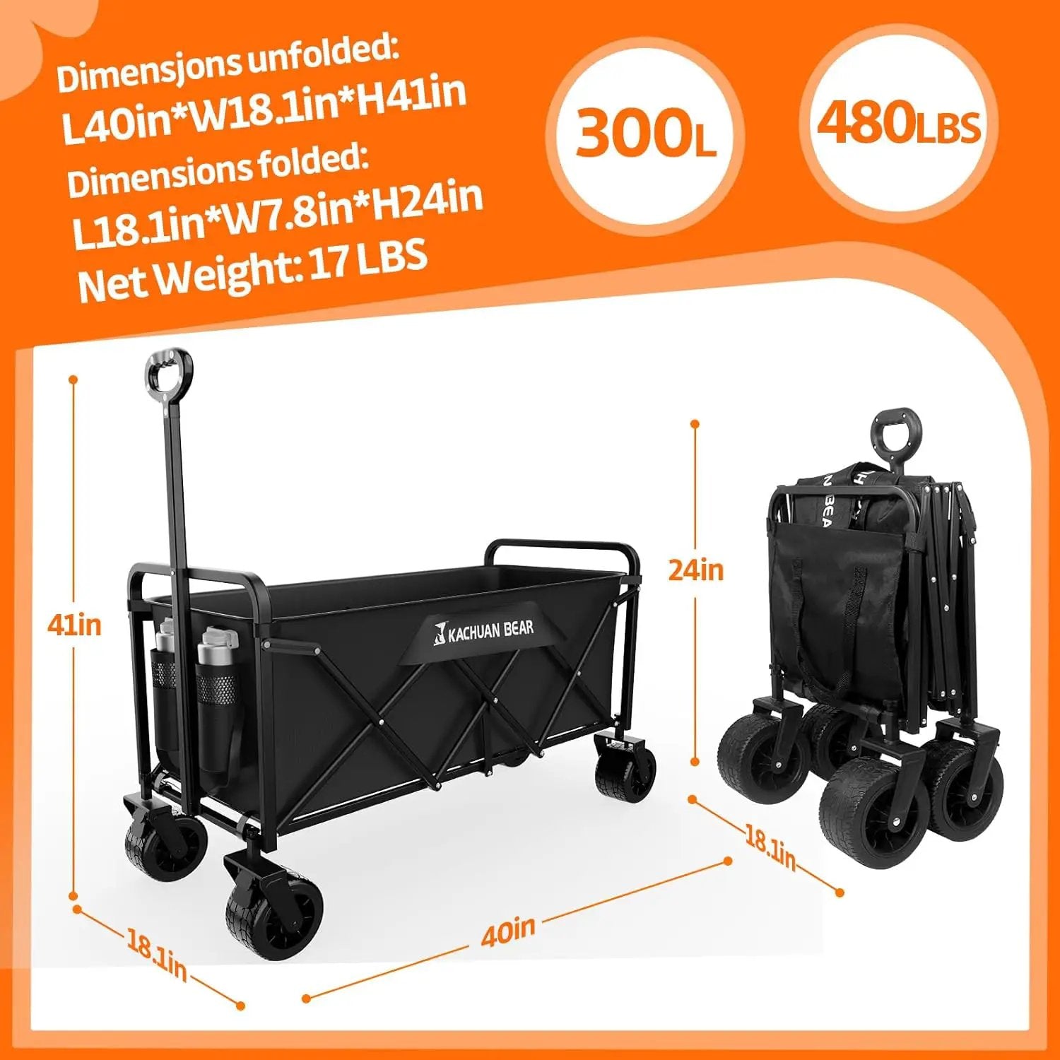 300L Large Collapsible Wagons Carts with Big All-Terrain Beach Wheels, Foldable Shopping Wagon Cart, Heavy Duty 480lbs Load, Folding Utility Cart for Groceries Garden Sport (Black) by GreenHaven Gardens