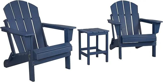 WO Home Furniture Adirondack Chairs Table Set of 3 PCS Outdoor Folding Chairs Side End Table Weather/UV Resistant for Lawn, Garden, Bon Fire, Balcony (Navy Blue) by GreenHaven Gardens