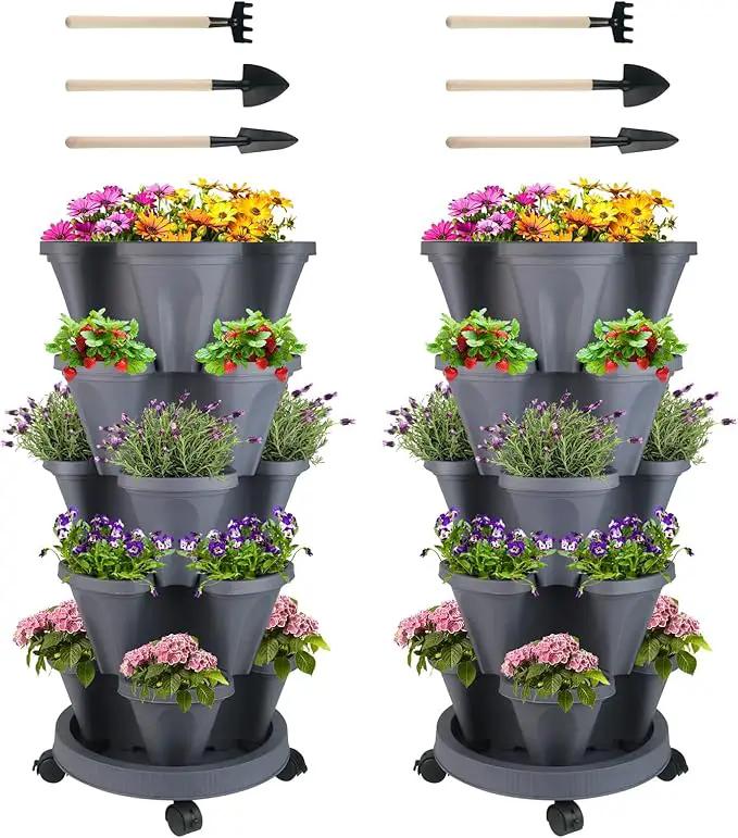 Vertical Planter 5 Tier Stackable Planters Garden Planters Strawberry Herb Flower and Vegetable Planter Indoor Outdoor Gardening Pots with Removable Wheels and Tools by GreenHaven Gardens