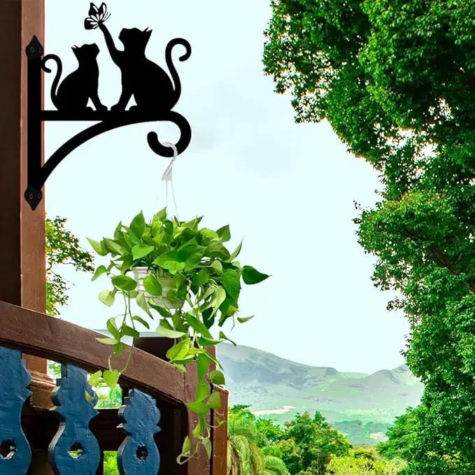 Peacoblue Iron Plant Hangers Hooks for Outdoor Indoor Hanging Plants Fern Pots, Lantern, Bird Feeder, Wind Chimes, 12”x14” Cat Weather Resistant Metal Wall Brackets Holder for Porch, Garden, Home(Cat) by GreenHaven Gardens