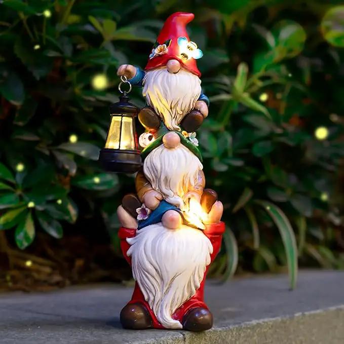 Garden Gnome Statue with Solar Lights Large Garden Sculptures Funny Triple Gnome Outdoor Patio Lawn Yard Balcony Garden Home Decor Gifts for Women Mom 12 in Spring Summer Gnomes Outdoor by GreenHaven Gardens