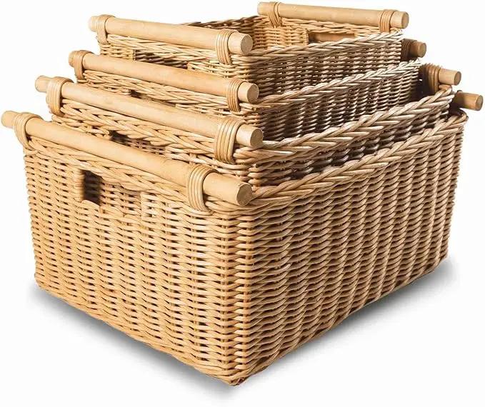 The Basket Lady Pole Handle Wicker Storage Basket, Medium, 16 in L x 12 in W x 8.25 in H, Sandstone by GreenHaven Gardens