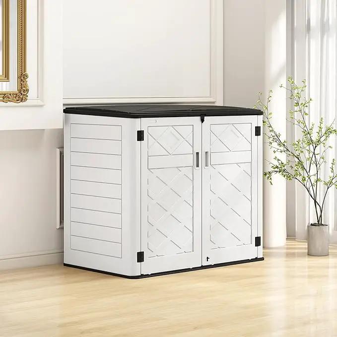 HOMSPARK Storage Shed Weather Resistance, Multi-Purpose Outdoor Storage Cabinet for Backyards and Patios, Horizontal Storage Shed for Lawnmower, Patio Accessories (Off-White, Large - 48 cu.ft) by GreenHaven Gardens