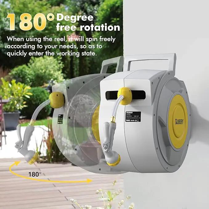 BLUBERY 130+6.7ft x 1/2" Retractable Garden Hose Reel, 40.8LB Super Heavy Duty, Any Length Lock, Slow Return System, Wide Handle, Wall Mounted and 180° Swivel Bracket, GHR02A by GreenHaven Gardens