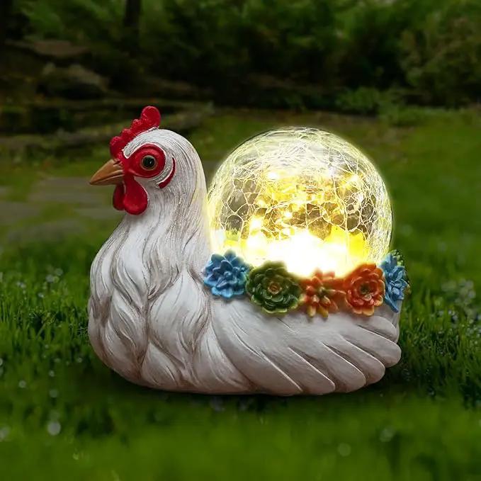 Solar Chicken Garden Statue Lights for Outdoor Decor with Cracked Glass LED Rooster Figurine Lighting Resin Succulent Hen Decorations for Patio Lawn Yard Home Housewarming Mom Wowen Gifts by GreenHaven Gardens