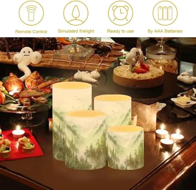 LED Flameless Candles Set Battery Operated Candles Pack of 4 with Remote Control Timer Dancing Flame Pillar Candles for Indoor Home Desktop Decoration, Mountain Tree Green by GreenHaven Gardens