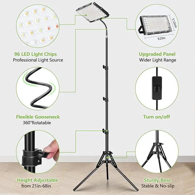 LBW Stand Grow Lights for Indoor Plants, Full Spectrum 96 LEDs Plant Grow Light, Upgraded Floor Grow Lamp with Adjustable Tripod Stand 21-68in, On/Off Switch,Ideal for Tall Large Houseplant Growing by GreenHaven Gardens