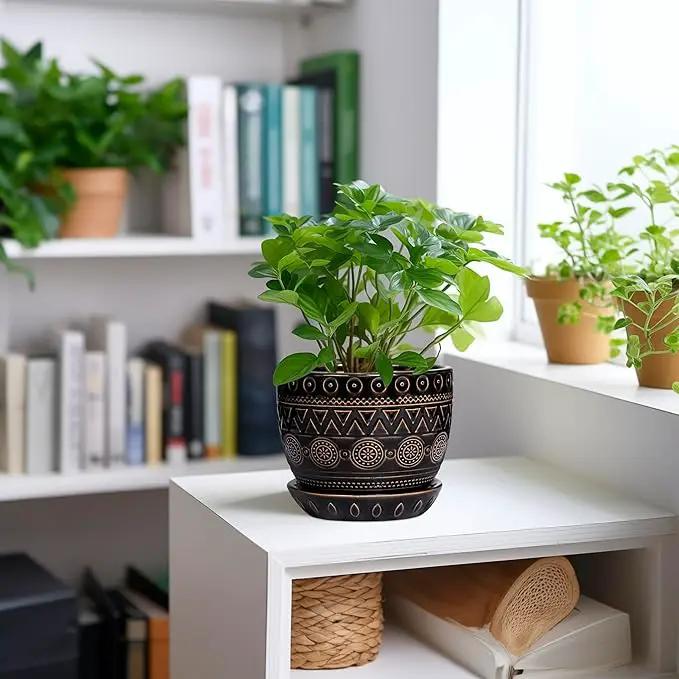G EPGardening 5.5 Inch Ceramic Planter - Ceramic Plant Pot for Indoor Outdoor Plants, Boho Round Flower Pot with Drainage Hole and Saucer, Gifts for Plant Lovers, Office Garden Home Decor, Black by GreenHaven Gardens
