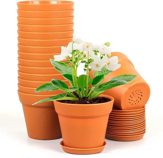 4 inch Small Plastic Nursery Pots, Seedling Pots, 16 Pack Plant Pots for Indoor Outdoor Plants, Flower Pots with Drainage Holes and Saucers, Decorative Planters for House Plants, Terracotta by GreenHaven Gardens