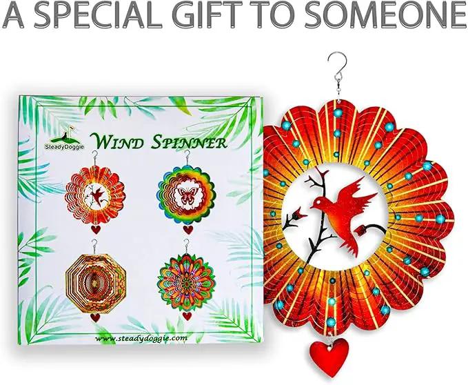 SteadyDoggie Wind Spinner - 12-Inch 3D Stainless Steel Lovebird Design with Heart Pendant - Laser Cut Metal Art Geometric Pattern - Hanging Kinetic Yard Garden Decor by GreenHaven Gardens