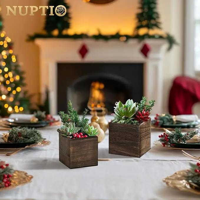 NUPTIO Wooden Box for Centerpiece Wedding: 12 Pcs Rustic Square Planter Box for Christmas Centerpiece Table Fall Decorations - 4×4" & 5×5" Small Wood Vases Flower Pots for Windowsill Home Garden Decor by GreenHaven Gardens