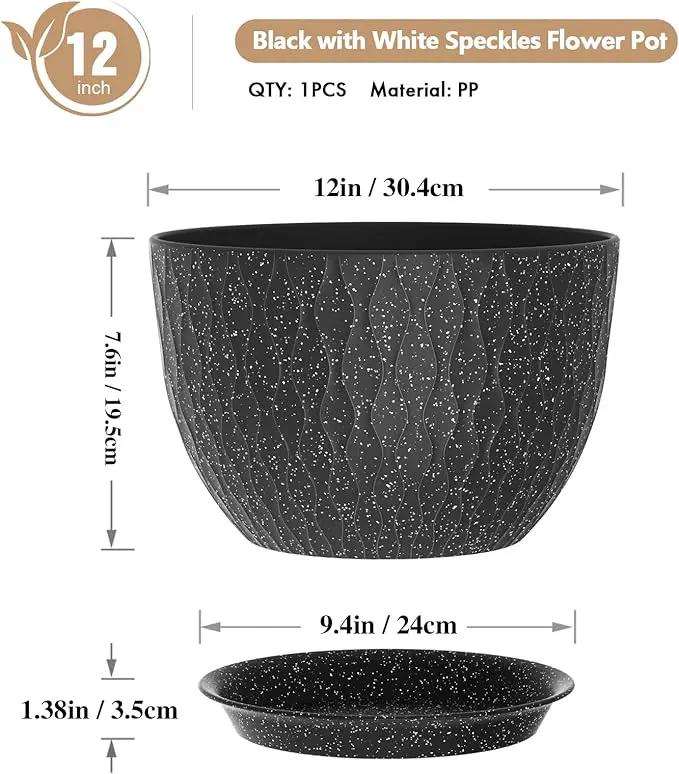 12 Inch Wide Water Ripples Flower Pots for Indoor or Outdoor Plants, Large Plant Pots with Drainage Holes & Saucer, Plastic Planters Set for Garden & Home Decor (Black with White Speckles) by GreenHaven Gardens