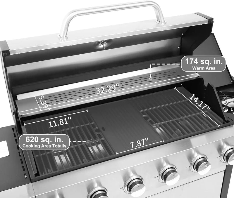 6-Burner Propane Gas BBQ Grill with Side Burner, 57,300 BTU Output, Enameled Cast Iron Grates, Heavy-Duty Stainless Steel Outdoor Grill for Backyard Barbecue by GreenHaven Gardens