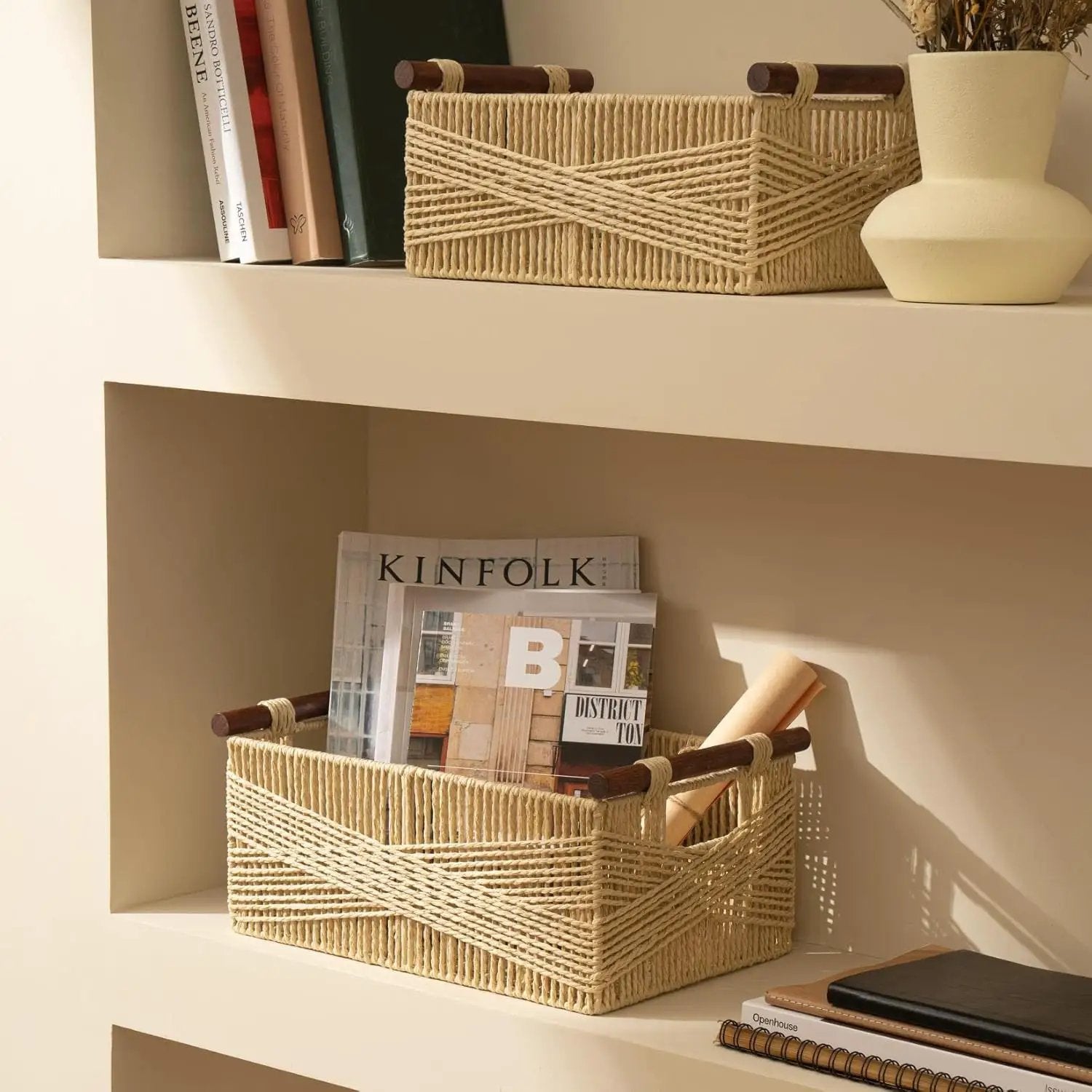 LA JOLIE MUSE Wicker Storage Baskets for Organizing, Recyclable Paper Rope Basket with Wood Handles, Decorative Hand Woven Basket Organizers for Makeup Books Shelves Living Room, Beige, Set of 2 by GreenHaven Gardens