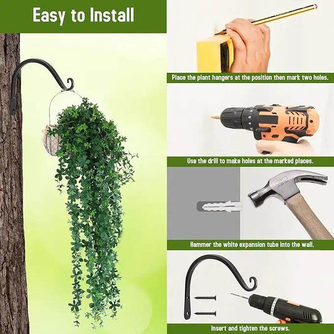 FEED GARDEN 2 Pack 8 Inch Hanging Plant Bracket Wall Hooks Decorative Plant Hangers for Outdoor Hanging Bird Feeders, Wind Chimes, Plant Baskets, Black by GreenHaven Gardens