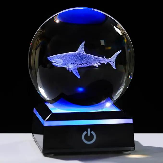 Shark Gifts for Women Men 3D Crystal Ball 3.14'' - Laser Shark Decor Glass Animals Figurines Statue Stuff for Room Night Light Shark Gifts for Mom by GreenHaven Gardens