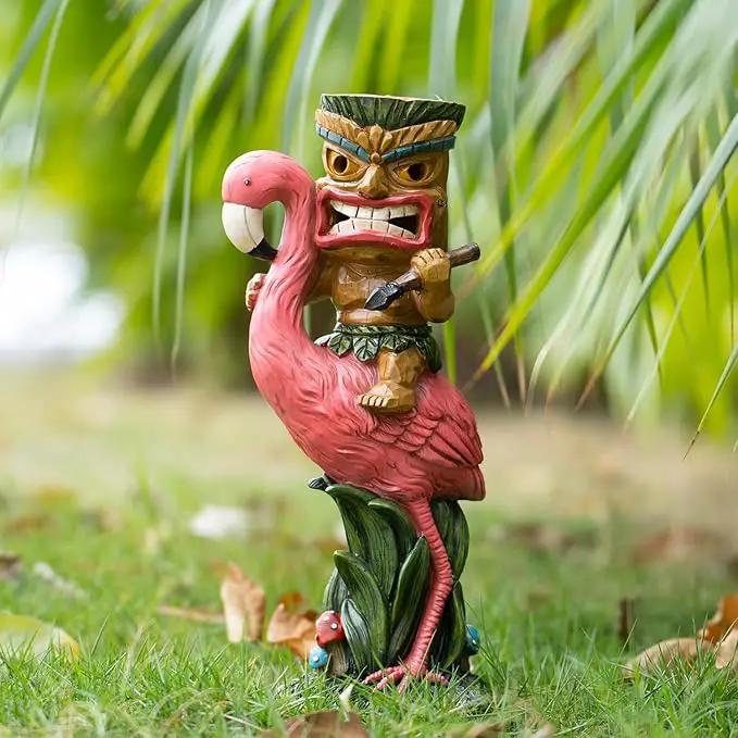 Solar Tiki Statue - Outdoor Statue - Solar Powered Garden Figurine Tiki Decoration for Bar, Patio, Balcony, Yard, Lawn, Table, Riding a Flamingo 13.66 Inches Tall by GreenHaven Gardens
