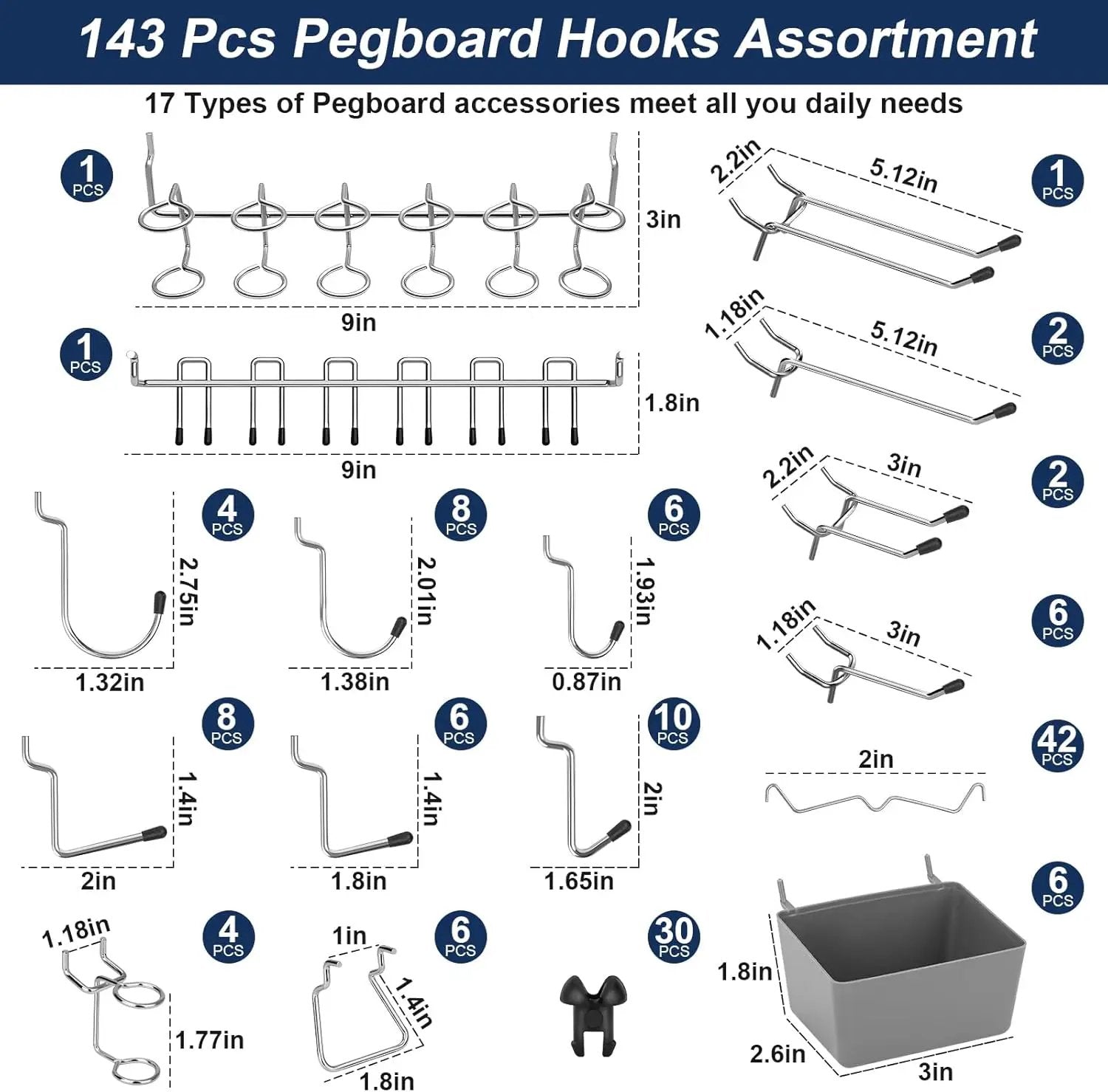 17-in-1 Pegboard Hooks Assortment - 143 Pcs 14 Sizes Peg Board Organizer Accessories Kit with 6 Pegboard Bins, 30 Silicone & 42 Stainless Steel Peg Hook Locks for 1/4" and 1/8" Pegboards Hanging Tools by GreenHaven Gardens