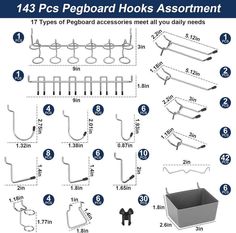 17-in-1 Pegboard Hooks Assortment - 143 Pcs 14 Sizes Peg Board Organizer Accessories Kit with 6 Pegboard Bins, 30 Silicone & 42 Stainless Steel Peg Hook Locks for 1/4" and 1/8" Pegboards Hanging Tools by GreenHaven Gardens