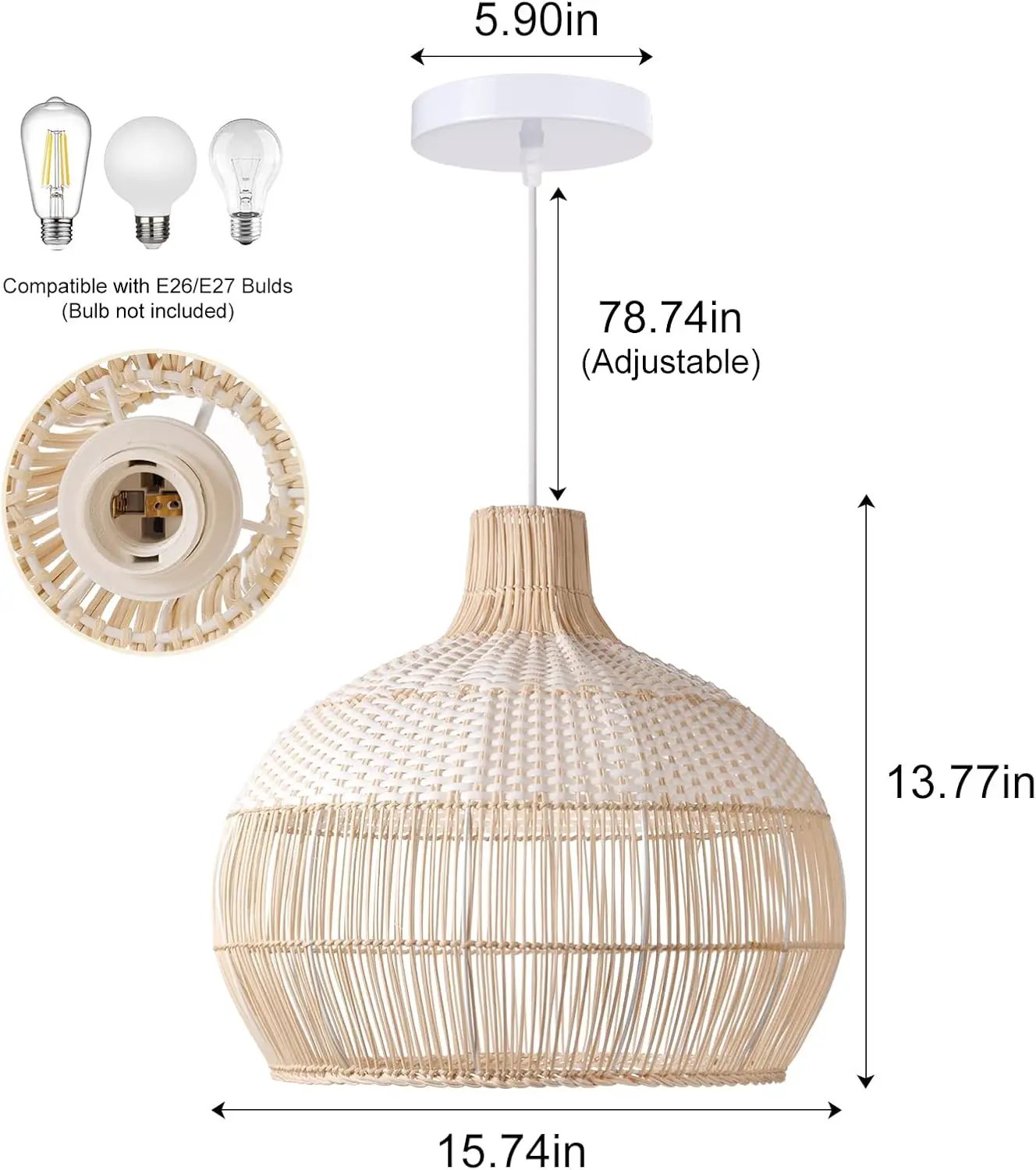 Arturesthome White Handwoven Rattan Boho Pendant Lighting Fixtures, Wicker Hanging Ceiling Light Chandelier, Handmade Woven Basket Lampshade for Kitchen Island by GreenHaven Gardens