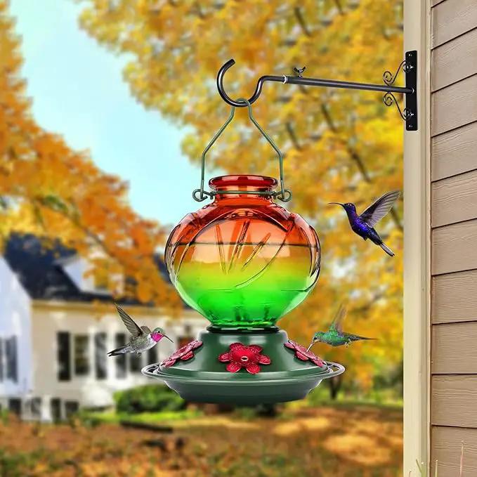 BOLITE Hummingbird Feeder, Glass Hummingbird Feeders for Outdoors Hanging, 22 Ounce, Five Feeding Ports with Perch, Peony Flower Shape, Orange and Green, Gifts for Women Men, Gifts for Mom Dad by GreenHaven Gardens