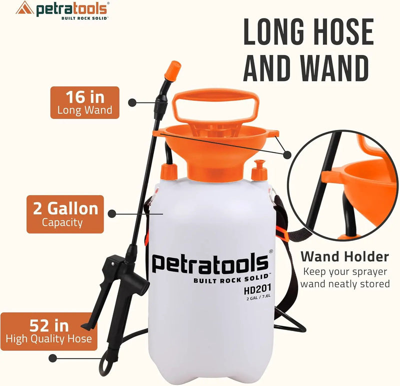 Petratools 2 Gallon Pump Sprayer - HD201 Garden Sprayer for Weeds, Lawn Care & Pesticides - 52" Long Hose, 2 Nozzles & Easy Carry Handle - Durable & Lightweight by GreenHaven Gardens