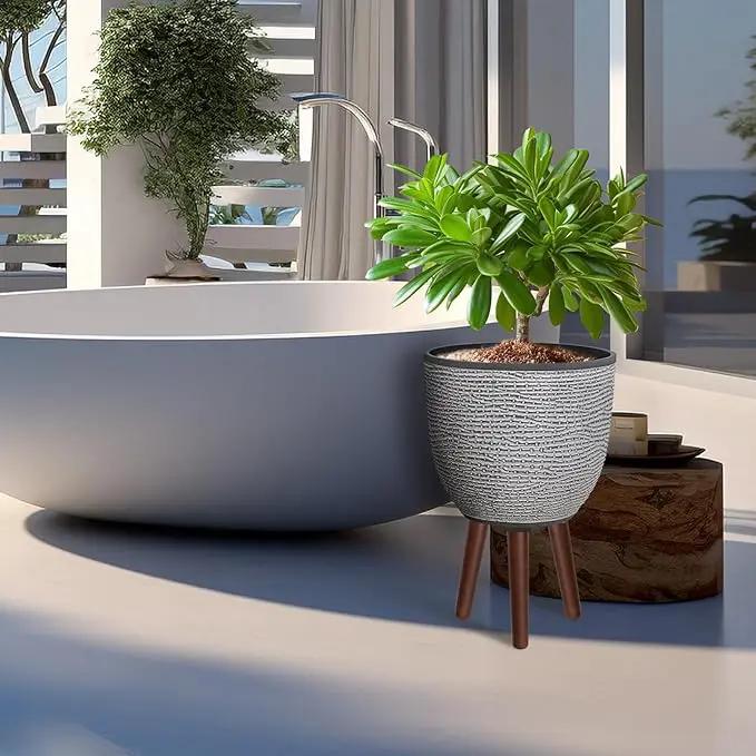 12 Inches Plant Pot with Stand, Large Decorative Standing Planters with Drainage Holes for Indoor Plants, Modern Gray Flower Pots with Legs by GreenHaven Gardens