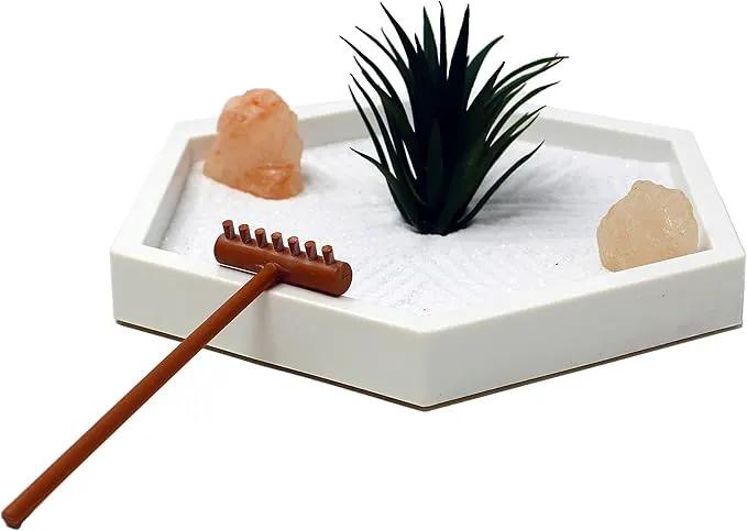 Nature's Mark Mini Zen Garden Kit for Desk with White Sand, Rake, White Base, Salt Rock and Air Plant (Hexagon) by GreenHaven Gardens