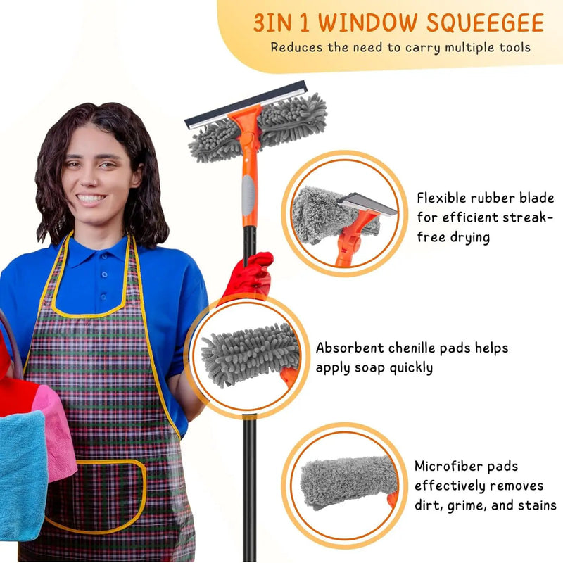 Window Cleaner Tool for Home, 59.5'' Squeegee Kit for Car Windshield, Shower Door, Mirror Cleaning, 2 in 1 Outdoor Glass Washer with Extension Pole by GreenHaven Gardens