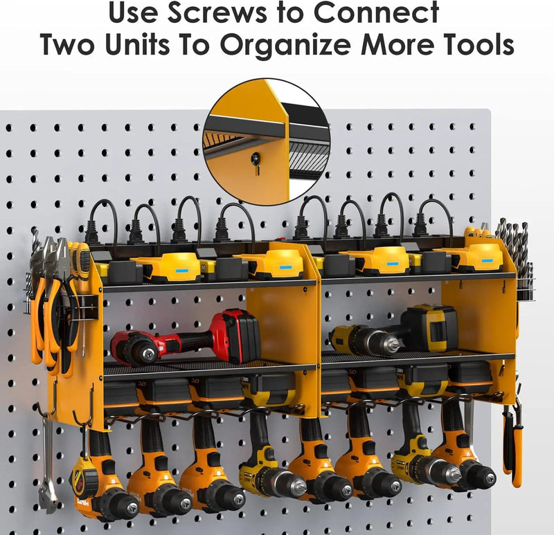 CCCEI Set Power Tool Organizer Wall Mount with Charging Station. Garage 4 Drill Storage Shelf with Hooks, Heavy Duty Metal Tool Battery Charger Organizer. Shop Utility Rack with Power Strip Yellow. by GreenHaven Gardens