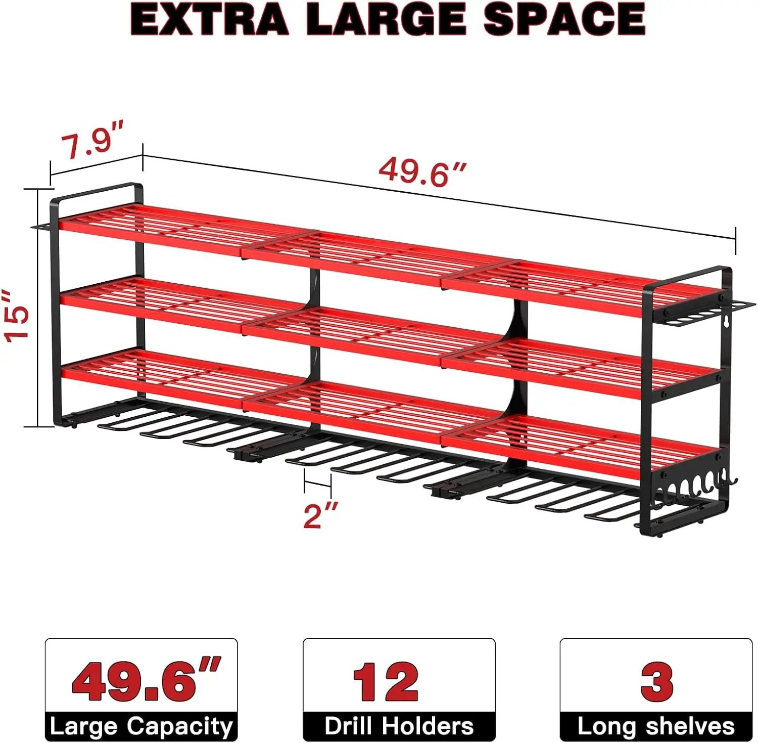 48" Large Power Tools Organizer Wall Mount,12 Drill Holder for Garage, Workshop Heavy Duty Storage Rack (Red) by GreenHaven Gardens