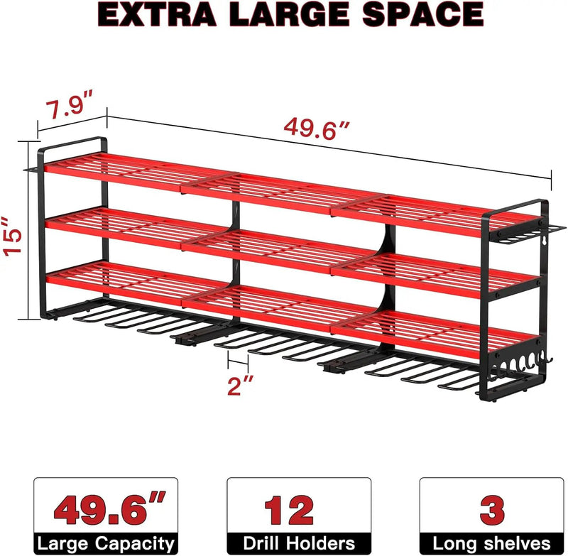 48" Large Power Tools Organizer Wall Mount,12 Drill Holder for Garage, Workshop Heavy Duty Storage Rack (Red) by GreenHaven Gardens