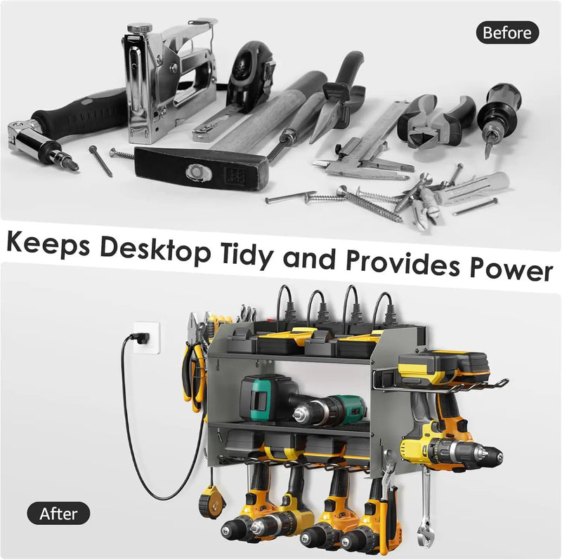 CCCEI Modular Power Tool Organizer Wall Mount Charging Station, Grey 6 Drills Holder with 8 Plug Power Strip 6FT, Garage Drill Battery Heavy Duty Metal Shelf, Utility Rack with Hooks, Side Storage. by GreenHaven Gardens