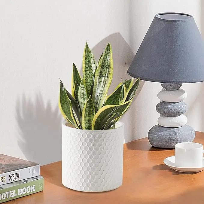 Docrin Ceramic Planters Indoor: 8 Inch Plant Pot with Drainage Holes for Home/Office - White Honeycomb by GreenHaven Gardens