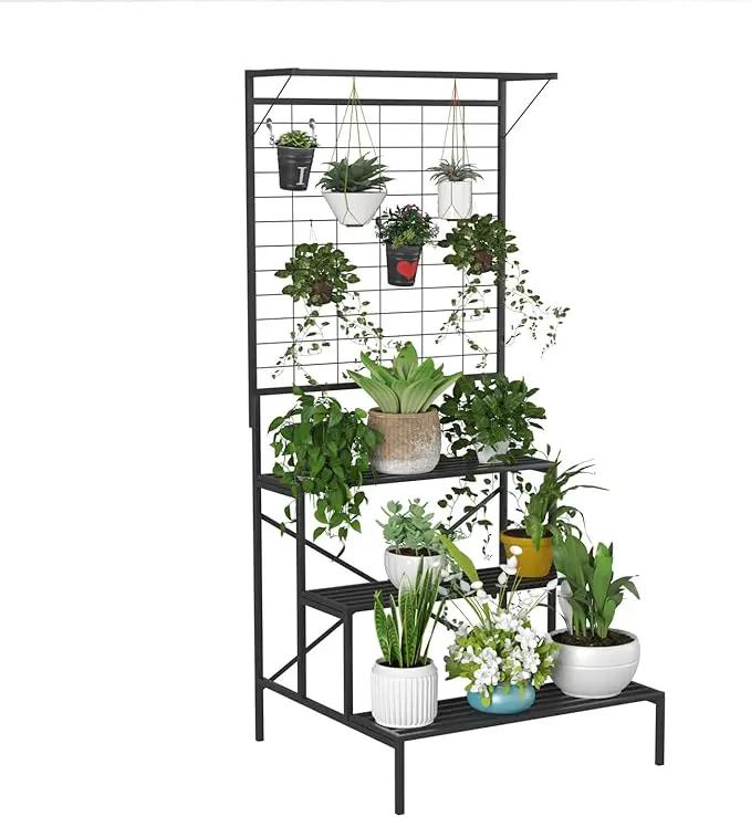 Zhongma 3 Tier Large Heavy Duty Plant Stand with Hanging Plant pot shelf, 35.43 x 33.27 x 78.74, Tall multi layer Plant Holder for Home, Garden, Each Tier: 35.43 L x 10.5W, Easy to Hold Large Plant by GreenHaven Gardens