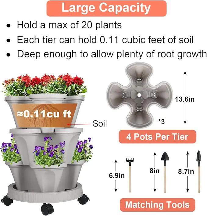 Vertical Planter 3 Tier Stackable Planters Garden Planters Strawberry Herb Flower and Vegetable Planter Indoor Outdoor Gardening Pots with Removable Wheels and Tools by GreenHaven Gardens