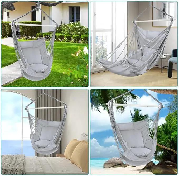 Outerman Hammock Chair, Hanging Chair with 3 Cushions and Foot Rest Support, Sturdy Metal Spreader Bar Max 440 Lbs, Swing Chair for Bedroom, Indoor & Outdoor, Patio, Porch or Tree（Gray） by GreenHaven Gardens