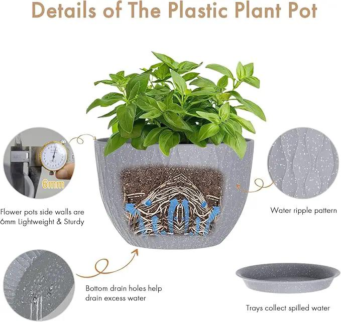 12 Inch Wide Water Ripples Flower Pots for Indoor or Outdoor Plants, Large Plant Pots with Drainage Holes & Saucer, Plastic Planters Set for Garden & Home Decor (Grey with White Speckles) by GreenHaven Gardens