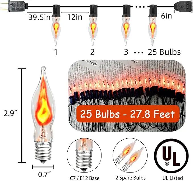 27.8Ft Halloween Decorations Flickering Flame String Lights with 29 Pack Clear Glass Flame Light Bulbs (4 Spare), E12 Base, Great for Christmas Halloween Indoor Outdoor Home Party Decor, Black Wire by GreenHaven Gardens