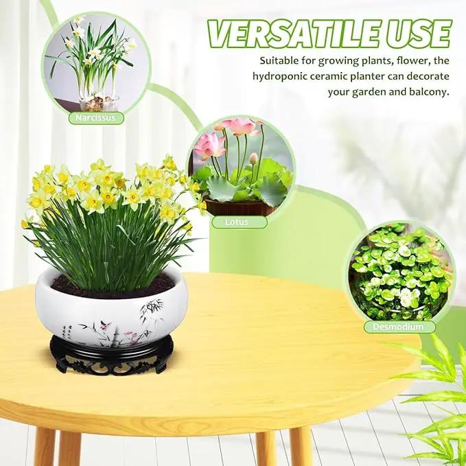 Ceramic Chinese Pot with Base Hydroponic Pot White Water Lily Bowl Ceramic Planter for Home Office Garden 7 Inch by GreenHaven Gardens