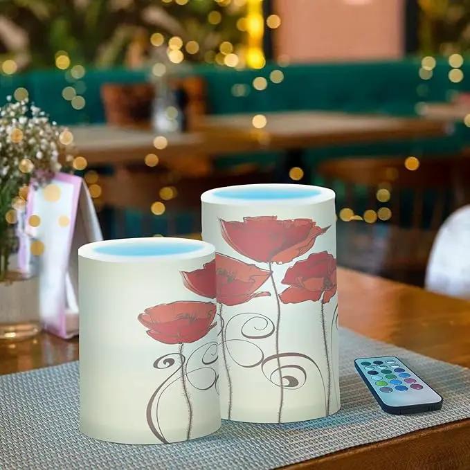 Flickering Flameless Candles, Red Poppy Flowers Retro LED Candles with Remote Timer, Set of 2 Battery Operated Candle for Valentine Wedding Birthday by GreenHaven Gardens