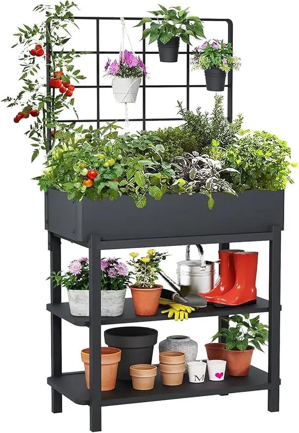 Metal Raised Garden Bed with Trellis, Elevated Planter Box with Legs for Outdoor Patio, Iron Standing Garden Box for Vegetables, Herbs, Flowers, Climbing Plants by GreenHaven Gardens