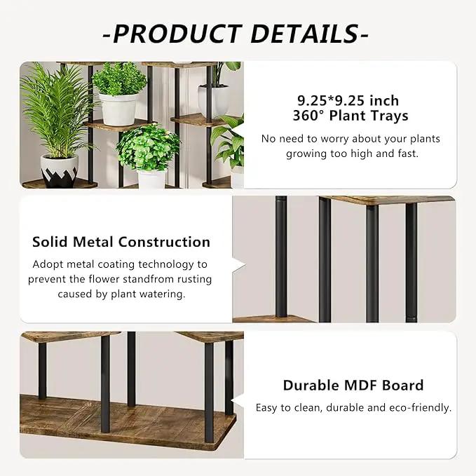 AZERPIAN Plant Stand 9 Tier Indoor Metal Flower Shelf for Multiple Plants Corner Tall Flower Holders for Patio Garden Living Room Balcony Bedroom, Black+Rustic Brown by GreenHaven Gardens
