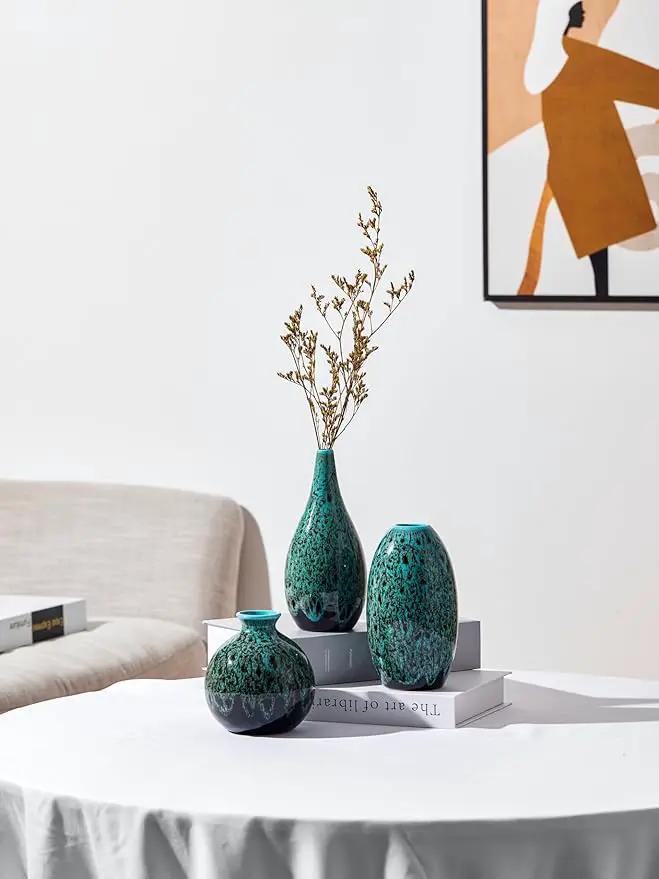 Ceramic Bud Vase Set, Fambe Blue Glazed Finish, Decorative Flower Vases (Blue-Set of 3) by GreenHaven Gardens